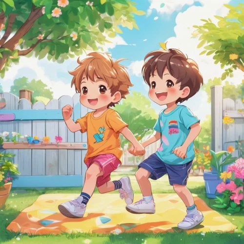 playing outdoors,happy children playing in the forest,kawaii children,children playing,girl and boy outdoor,chibi kids,kids illustration,summer day,chibi children,children play,children's background,play street,stick children,playmat,hiyayakko,water fight,childhood friends,children,outdoor activity,play yard,Illustration,Japanese style,Japanese Style 02