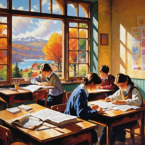 children studying,children drawing,classroom,study room,watercolor cafe,children learning,tutoring,meticulous painting,school children,class room,painting technique,art academy,art painting,one autumn afternoon,school design,girl studying,drawing course,italian painter,classroom training,language school,Conceptual Art,Oil color,Oil Color 09