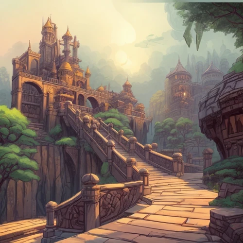 ancient city,fantasy landscape,meteora,bastion,tigers nest,ancient buildings,backgrounds,druid grove,the mystical path,devilwood,mountain settlement,the ruins of the,cartoon video game background,concept art,castle iron market,bird kingdom,monkey island,pathway,castle of the corvin,world digital painting,Game Scene Design,Game Scene Design,Cute Style