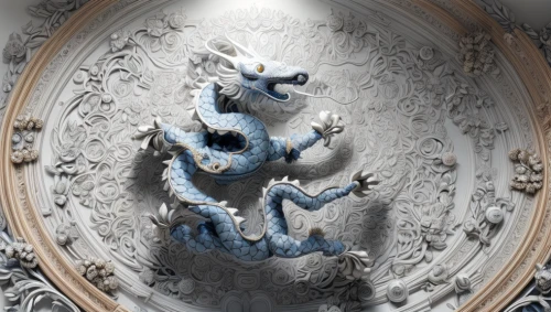 blue and white porcelain,decorative plate,wall decoration,doge's palace,heraldic animal,chinese art,decorative art,motifs of blue stars,chinese dragon,fractalius,decorative element,dragon palace hotel,fractals art,wall plate,decorative figure,chinese screen,lion capital,painted dragon,delft,dragon design
