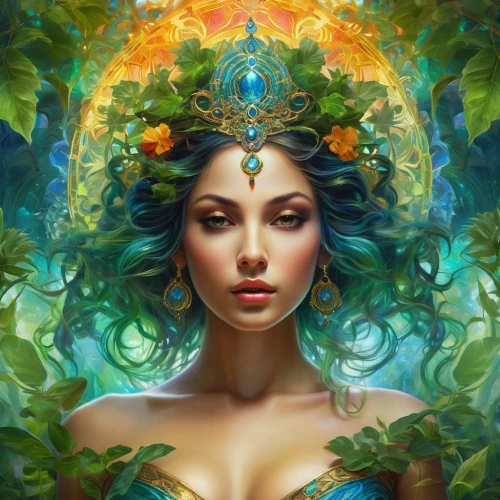 fantasy portrait,the enchantress,faerie,fantasy art,mystical portrait of a girl,flora,dryad,girl in a wreath,mother earth,elven flower,medusa,faery,fairy peacock,anahata,fantasy picture,fantasy woman,fae,water nymph,poison ivy,mother nature,Conceptual Art,Fantasy,Fantasy 05
