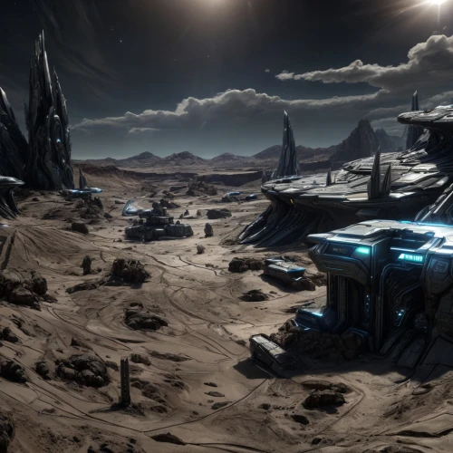 terraforming,mining facility,futuristic landscape,alien planet,desolation,dreadnought,sci fi,alien world,moon valley,exoplanet,desert planet,sidewinder,lunar landscape,barren,mesa,waypoint,moon base alpha-1,research station,scifi,sci-fi,Game Scene Design,Game Scene Design,Space Opera Style