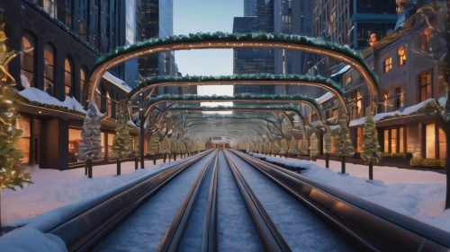 elevated railway,snow bridge,hudson yards,maglev,highline,sky train,hafencity,monorail,funicular,snow ring,cable railway,tram road,the loop,rail way,winter wonderland,winter garden,sweeping viaduct,train track,toboggan,minneapolis