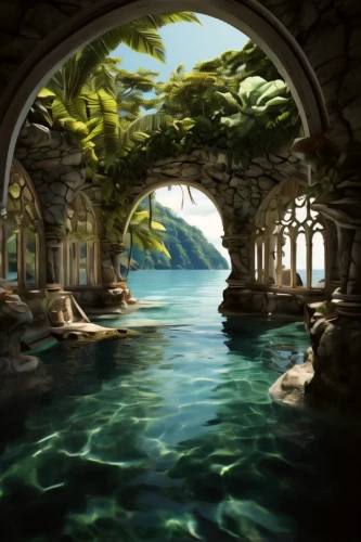 fantasy landscape,underwater oasis,cave on the water,an island far away landscape,landscape background,imperial shores,fantasy picture,backgrounds,underwater landscape,world digital painting,fjord,sea landscape,waterscape,lagoon,background with stones,underwater background,sea cave,fantasy art,water palace,water scape