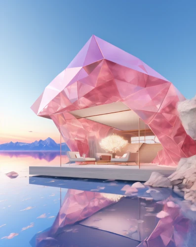 cubic house,cube house,pink diamond,water cube,cube stilt houses,glass pyramid,futuristic architecture,mirror house,floating island,cube sea,futuristic art museum,3d rendering,sky space concept,pink paper,polygonal,rose quartz,render,cubic,house of the sea,floating stage