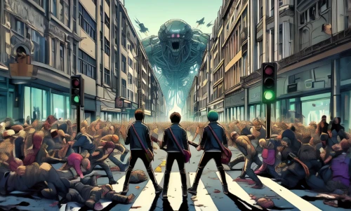 sci fiction illustration,pedestrians,walking man,pedestrian,bystander,mankind,valerian,dr. manhattan,alien invasion,invasion,monsters,people walking,travelers,aliens,king kong,humans,game illustration,cg artwork,residents,animal lane