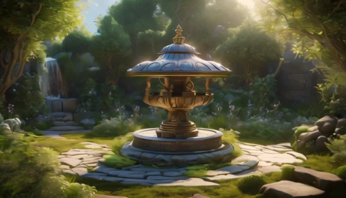golden pot,wishing well,stone lamp,the eternal flame,lantern,stone fountain,druid grove,illuminated lantern,urn,moor fountain,armillary sphere,fairy house,hobbiton,finial,fountain of the moor,shrine,druid stone,sundial,golden candlestick,garden pot