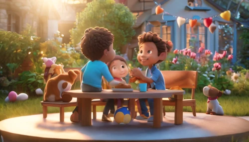 lilo,clove garden,agnes,animated cartoon,clay animation,toy's story,girl and boy outdoor,cute cartoon image,miguel of coco,romantic scene,gnomes at table,shanghai disney,3d rendered,little people,cute cartoon character,children's background,monchhichi,digital compositing,cinema 4d,tangled