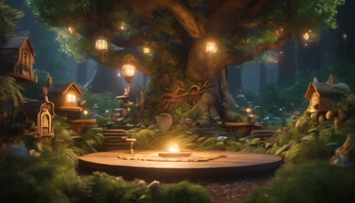 druid grove,fairy village,devilwood,fairy house,enchanted forest,fairy forest,elven forest,gnomes at table,magic tree,wishing well,hobbiton,cauldron,candlelights,grove of trees,fairy chimney,tea-lights,the night of kupala,tree house,campsite,circle around tree