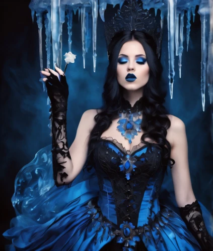 blue enchantress,ice queen,the snow queen,gothic fashion,gothic woman,blue snowflake,winterblueher,ice princess,white rose snow queen,gothic style,blue rose,gothic portrait,queen of the night,gothic dress,eternal snow,fairy queen,mourning swan,blue moon rose,snow white,gothic,Illustration,Realistic Fantasy,Realistic Fantasy 46