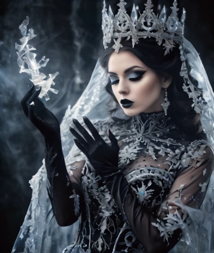 gothic fashion,gothic woman,the snow queen,gothic portrait,dark gothic mood,ice queen,gothic style,white rose snow queen,queen of the night,priestess,the enchantress,dead bride,miss circassian,crow queen,sorceress,gothic dress,fairy queen,victorian lady,the carnival of venice,celtic queen,Illustration,Realistic Fantasy,Realistic Fantasy 46