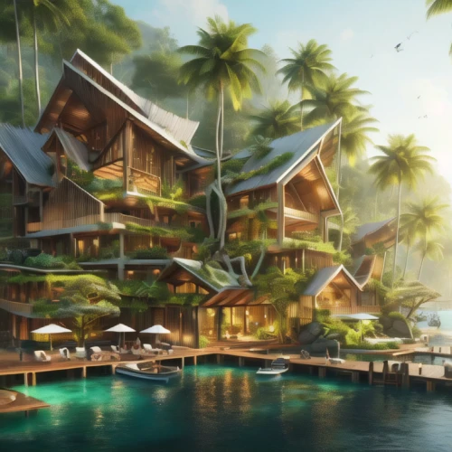 floating huts,tropical house,resort,seaside resort,house by the water,tropical island,eco hotel,floating islands,over water bungalows,resort town,beach resort,kohphangan,stilt houses,idyllic,tree house hotel,polynesia,tahiti,holiday villa,fiji,floating island