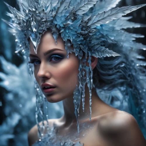 ice queen,feather headdress,the snow queen,ice princess,headdress,faery,blue enchantress,ice crystal,crystalline,water nymph,merfolk,suit of the snow maiden,fantasy art,icemaker,fantasy portrait,headpiece,winterblueher,faerie,fairy queen,feather jewelry