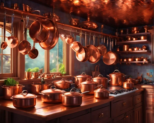 copper cookware,copper utensils,victorian kitchen,cookware and bakeware,pots and pans,vintage kitchen,tile kitchen,cooking utensils,kitchenware,copper rich food,candlemaker,chefs kitchen,kitchen shop,ceramic hob,kitchen utensils,star kitchen,the kitchen,dwarf cookin,kitchen,kitchen interior,Illustration,Realistic Fantasy,Realistic Fantasy 37