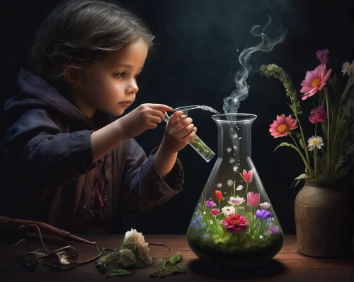 flower painting,creating perfume,glass painting,child portrait,potions,girl picking flowers,world digital painting,digital painting,mystical portrait of a girl,flower arranging,oil painting on canvas,candlemaker,glass jar,alchemy,flower essences,terrarium,art painting,oil painting,children's background,painting technique,Conceptual Art,Fantasy,Fantasy 34