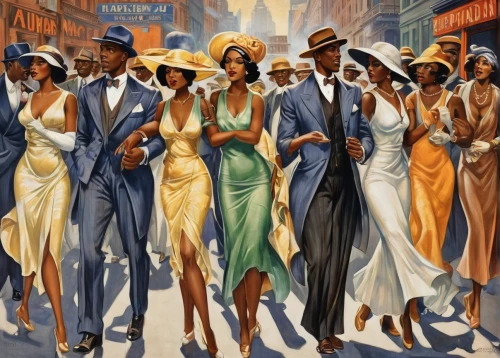 roaring twenties,roaring twenties couple,roaring 20's,blues and jazz singer,vintage illustration,twenties of the twentieth century,twenties,twenties women,1920s,vintage man and woman,beautiful african american women,straw hats,great gatsby,jack roosevelt robinson,panama hat,black businessman,vintage art,vintage fashion,harlem,art deco,Illustration,Realistic Fantasy,Realistic Fantasy 21