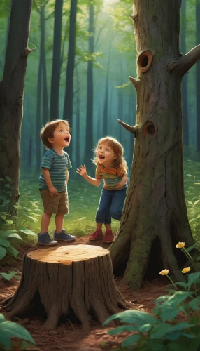 happy children playing in the forest,chestnut forest,cartoon forest,girl and boy outdoor,kids illustration,in the forest,the forest,fairy forest,forest animals,forest walk,the woods,woodland animals,chestnut trees,forest background,children's background,enchanted forest,forest,little boy and girl,chestnut mushroom,children playing,Conceptual Art,Oil color,Oil Color 19