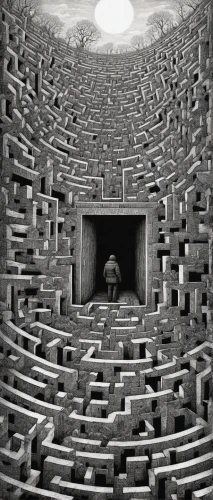 panopticon,maze,labyrinth,escher,brick-kiln,ancient theatre,buddhist hell,anechoic,catacombs,chamber,bunker,coliseum,coliseo,dungeon,lalibela,italy colosseum,excavation,cellar,charcoal kiln,immenhausen,Illustration,Black and White,Black and White 09