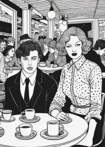 the coffee shop,coffee tea illustration,retro diner,parisian coffee,retro 1950's clip art,roaring twenties couple,paris cafe,fifties,50's style,diner,coffee shop,vintage man and woman,coffeehouse,women at cafe,vintage illustration,vintage boy and girl,clue and white,saucer,breakfast on board of the iron,café,Illustration,Black and White,Black and White 18