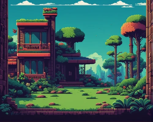 mushroom landscape,bird kingdom,bonsai,pixel art,treehouse,home landscape,retro styled,oasis,mushroom island,forests,lonely house,wooden mockup,the forests,ancient city,cartoon forest,retro background,house in the forest,rural,environment,forest,Conceptual Art,Fantasy,Fantasy 09