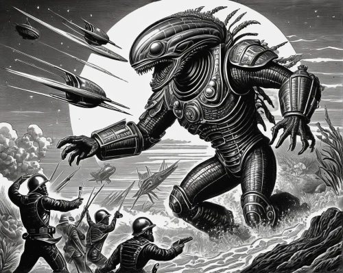 sci fiction illustration,trilobite,alien warrior,sea monsters,game illustration,alien invasion,sci fi,scorpio,extinction,godzilla,apocalypse,aliens,extraterrestrial life,creature,book illustration,science fiction,lost in space,doomsday,reptilians,predation,Illustration,Retro,Retro 24