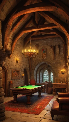 billiard room,hobbiton,wooden beams,bar billiards,billiard table,billiards,english billiards,gnome and roulette table,wine cellar,tavern,dandelion hall,ornate room,game room,fireplaces,vaulted ceiling,medieval architecture,attic,billiard,fireplace,wine barrels,Illustration,Realistic Fantasy,Realistic Fantasy 32