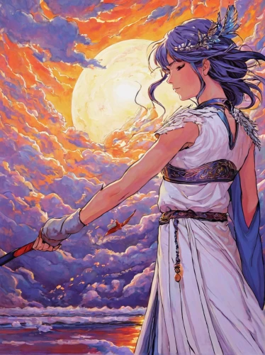 rem in arabian nights,athena,sun bride,cosmos wind,torch-bearer,the wind from the sea,celestial,sun moon,magi,sky rose,zodiac sign libra,sun and moon,goddess of justice,violinist violinist of the moon,wind warrior,artemisia,winds,astral traveler,artemis,blue moon rose,Illustration,Japanese style,Japanese Style 13
