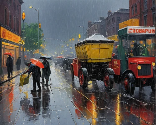 oil painting on canvas,oil painting,monsoon,man with umbrella,heavy rain,walking in the rain,rains,light rain,rainy day,art painting,rainstorm,raining,rain,carol colman,fineart,in the rain,after rain,brolly,oil on canvas,street scene,Art,Classical Oil Painting,Classical Oil Painting 23