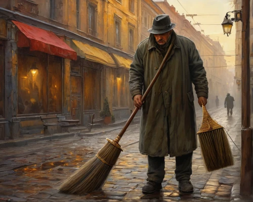 street cleaning,peddler,man with umbrella,waste collector,rubbish collector,italian painter,world digital painting,sweeping,lamplighter,cleaning woman,oil painting on canvas,cleaning service,oil painting,scrap collector,homeless man,merchant,the wanderer,painter,street artist,overcoat,Art,Classical Oil Painting,Classical Oil Painting 18