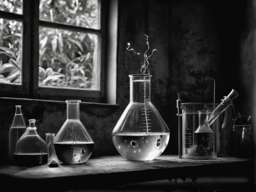 laboratory flask,erlenmeyer flask,potions,laboratory,chemical laboratory,chemist,distillation,alchemy,glassware,reagents,apothecary,terrarium,laboratory equipment,scientific instrument,carafe,still life photography,laboratory information,erlenmeyer,chemistry,glasswares,Photography,Black and white photography,Black and White Photography 02