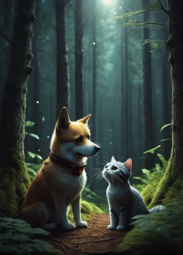 corgis,dog and cat,dog - cat friendship,the pembroke welsh corgi,pembroke welsh corgi,corgi,companion dog,akita inu,welsh corgi,shiba inu,forest animals,wolf couple,welsh corgi pembroke,forest walk,dog hiking,cute animals,walking dogs,two wolves,woodland animals,boy and dog,Illustration,Realistic Fantasy,Realistic Fantasy 17