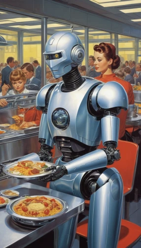 robots,retro diner,cybernetics,robotics,automation,machine learning,artificial intelligence,sci fiction illustration,robot,automated,machines,robot in space,diner,robotic,steel man,social bot,industrial robot,technology of the future,science-fiction,man with a computer,Illustration,Retro,Retro 14