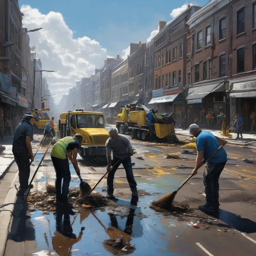 street cleaning,fallout4,puddle,the market,road work,workers,blue-collar worker,large market,street scene,world digital painting,market,street life,underground cables,street artists,road construction,game illustration,street sweeper,game art,street chalk,arbat street,Conceptual Art,Fantasy,Fantasy 12