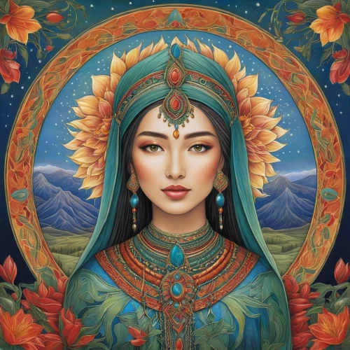 inner mongolian beauty,mystical portrait of a girl,pachamama,eurasian,oriental princess,shamanic,cleopatra,jaya,asian woman,tibetan,fantasy portrait,priestess,radha,azerbaijan azn,anahata,mantra om,mandala,lakshmi,kyrgyz,shakyamuni,Illustration,Realistic Fantasy,Realistic Fantasy 41