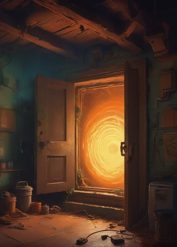 furnace,cold room,hearth,cupboard,forge,hours of light,sunburst background,pantry,laundry room,knothole,potter's wheel,incandescent,warmth,threshold,games of light,abandoned room,light comes through,wooden door,open door,painting easter egg,Conceptual Art,Fantasy,Fantasy 01