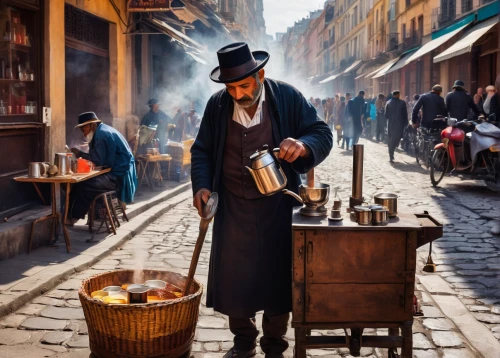 tinsmith,merchant,vendor,vendors,parisian coffee,candlemaker,peddler,espresso,itinerant musician,italian painter,woman drinking coffee,laundress,cordwainer,indian filter coffee,krakow,street performer,pouring tea,caffè americano,french coffee,marrakesh,Art,Classical Oil Painting,Classical Oil Painting 31