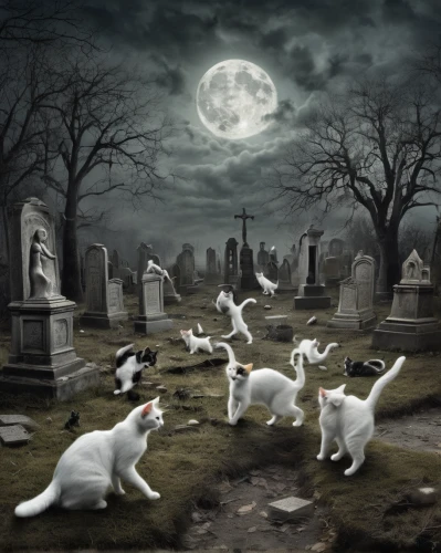 grave stones,animal grave,burial ground,graveyard,life after death,tombstones,gravestones,old graveyard,halloween cat,afterlife,cemetary,halloween ghosts,stray cats,purgatory,halloween background,funeral,resting place,dance of death,cat lovers,danse macabre,Illustration,Realistic Fantasy,Realistic Fantasy 40