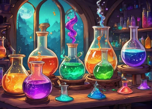 potions,potion,alchemy,reagents,apothecary,chemist,chemical laboratory,candlemaker,distillation,laboratory,magical,magical adventure,vials,elements,colorful glass,hogwarts,lab,fantasy picture,sci fiction illustration,laboratory flask,Conceptual Art,Daily,Daily 24