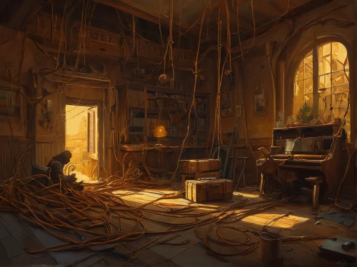 apothecary,ancient house,nest workshop,merchant,clockmaker,study room,abandoned room,dandelion hall,witch's house,classroom,treasure house,inventory,shopkeeper,alchemy,clutter,watchmaker,attic,workbench,candlemaker,woodwork,Illustration,Realistic Fantasy,Realistic Fantasy 28