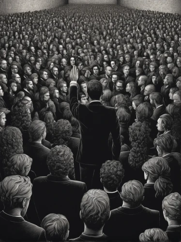 audience,the conference,panopticon,nonconformist,crowd,crowds,crowd of people,the illusion,crowded,spectator,lecture,social distancing,the listening,grant wood,conference,a meeting,social network,orator,surrealism,photomontage,Illustration,Black and White,Black and White 09
