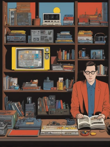 bookworm,librarian,high fidelity,man with a computer,sci fiction illustration,study room,bookstore,workspace,geek,book store,bookshop,book illustration,reading glasses,nerd,books,bookshelf,working space,bookshelves,the books,author,Illustration,Vector,Vector 12