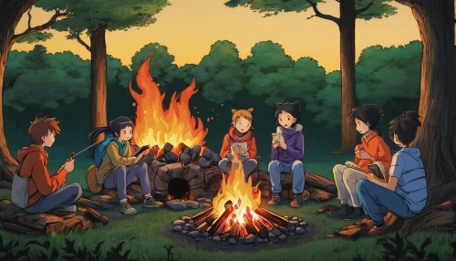campfire,campfires,camp fire,bonfire,campers,firepit,scouts,boy scouts,camping,fire bowl,campsite,fireside,fire pit,circle of friends,boy scouts of america,gathering,camp out,camp,outdoor life,druids,Illustration,Japanese style,Japanese Style 11