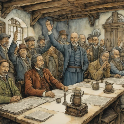seven citizens of the country,the conference,hand-drawn illustration,the production of the beer,general assembly,group of people,game illustration,murals,jury,july 1888,orders of the russian empire,contemporary witnesses,the local administration of mastery,founding,pilgrims,a meeting,the works council election,meeting on mound,workers,cossacks,Illustration,Paper based,Paper Based 29