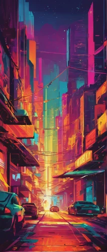 colorful city,cityscape,neon arrows,city lights,cyberpunk,city highway,futuristic landscape,neon,suburb,neon lights,evening city,night highway,urban,dusk,night glow,city at night,80's design,neon light,street canyon,city,Illustration,Paper based,Paper Based 12