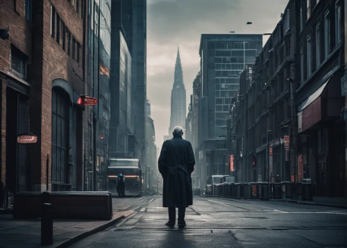 overcoat,walking man,standing man,man with umbrella,black city,pedestrian,city of london,photomanipulation,city ​​portrait,dystopian,a pedestrian,the wanderer,wanderer,digital compositing,tall buildings,city life,ledger,urban,conceptual photography,cordwainer,Photography,Documentary Photography,Documentary Photography 19