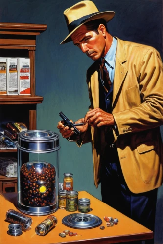 watchmaker,man with a computer,meticulous painting,dealer,coffee maker,pipe smoking,silversmith,coffeemaker,the collector,investigator,spy-glass,watch dealers,repairman,chemist,tea tin,glass harp,poker set,painting technique,clockmaker,metalsmith,Illustration,American Style,American Style 07
