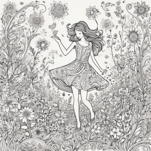 girl in flowers,meadow daisy,girl picking flowers,girl in the garden,garden fairy,summer meadow,falling flowers,wild meadow,picking flowers,meadow,dandelion meadow,flower fairy,meadow clover,scattered flowers,spring meadow,meadow play,small meadow,sea of flowers,meadow flowers,flower meadow,Illustration,Black and White,Black and White 05