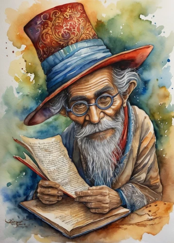 scholar,reading magnifying glass,magic book,persian poet,rabbi,caricaturist,doctoral hat,read a book,reading,writing-book,author,publish a book online,watercolor pencils,professor,bookworm,the wizard,colored pencil background,book illustration,learn to write,elderly man,Illustration,Paper based,Paper Based 24