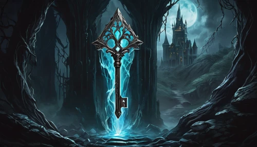 excalibur,water-the sword lily,scepter,shard of glass,hall of the fallen,runes,mirror of souls,hanged man,king sword,stalagmite,scythe,chasm,skeleton key,dane axe,portal,horn of amaltheia,paysandisia archon,dungeons,arcanum,pall-bearer,Conceptual Art,Fantasy,Fantasy 34