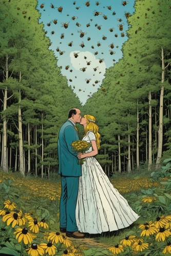 mayflies,swarm of bees,bird couple,sunflowers and locusts are together,birds love,locusts,chasing butterflies,butterflies,flying dandelions,beekeepers,fireflies,flying seed,wedding couple,moths and butterflies,a fairy tale,bee colony,flying seeds,flower fly,bees,beekeeping,Illustration,American Style,American Style 14